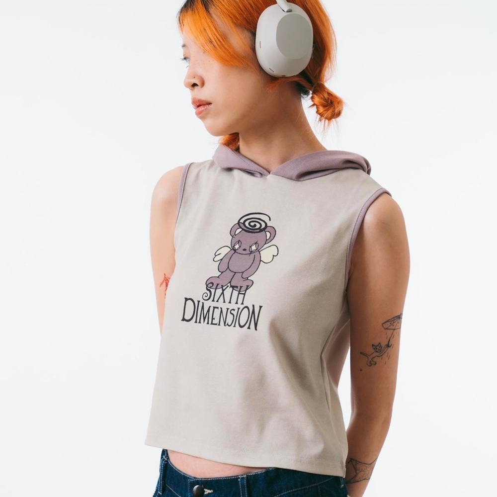 Gray and purple Sixth Dimension cropped bear top